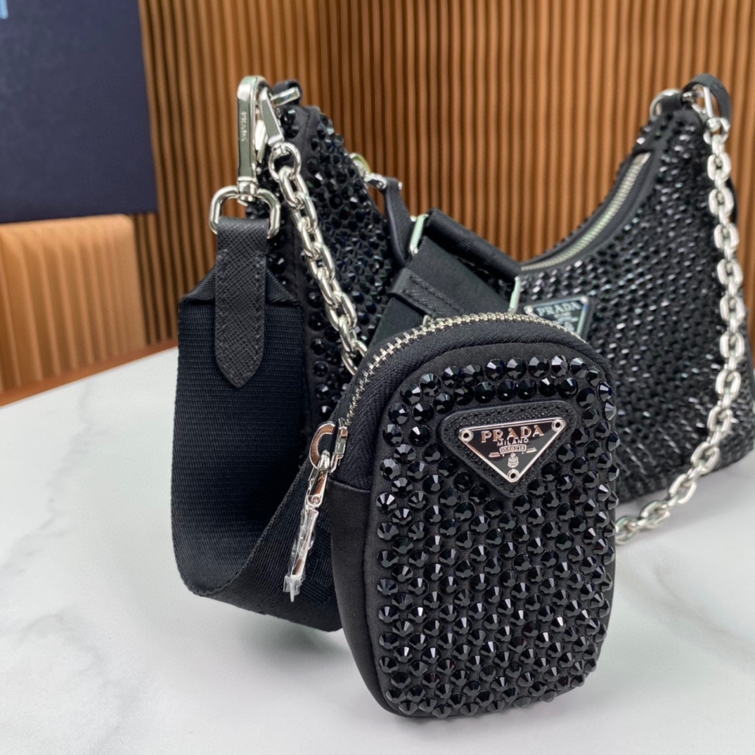 Prada Re Edition 2005 Duchess Synthetic Crystals Shoulder Bag Black 1BH204